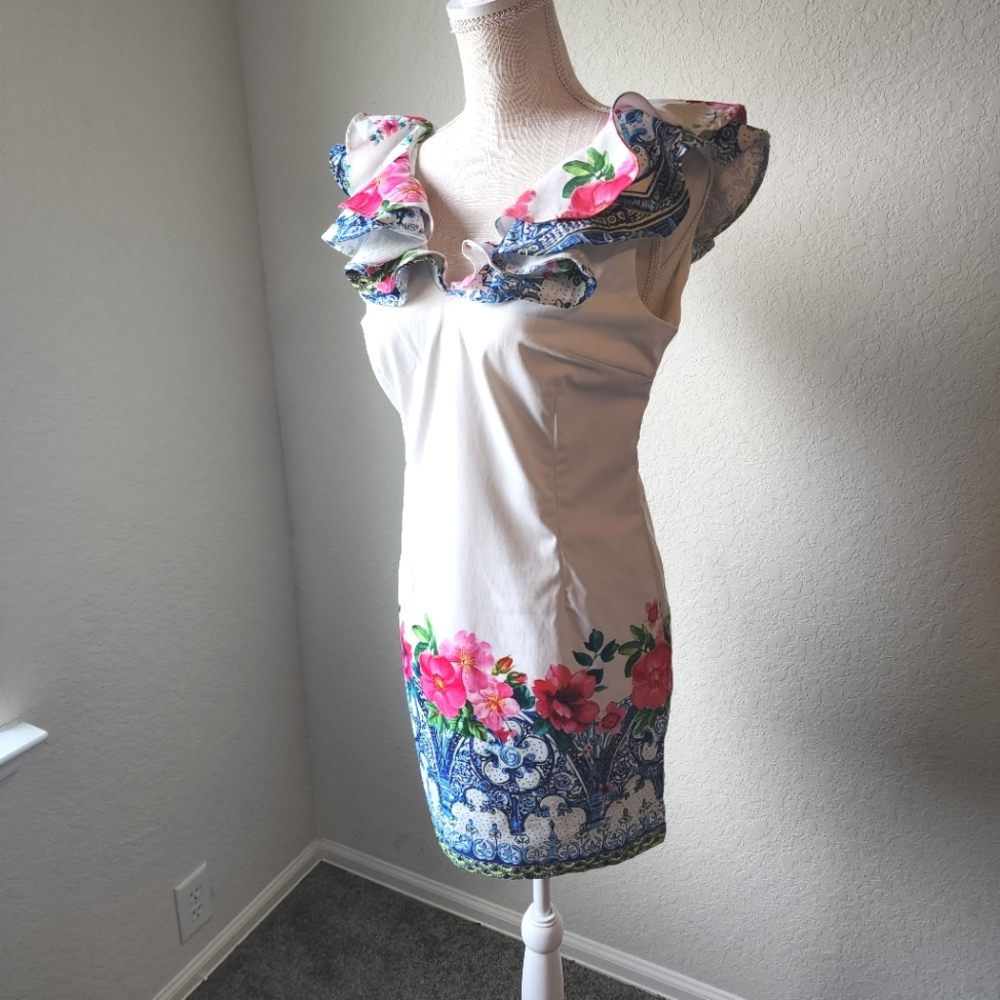 Luxmi Ruffled Collar Floral Sheath Dress